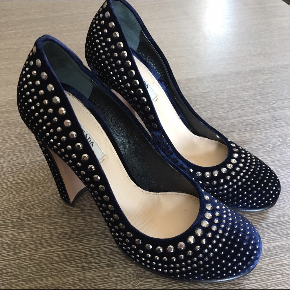 Prada navy blue crystal stud heels size 6 velvet